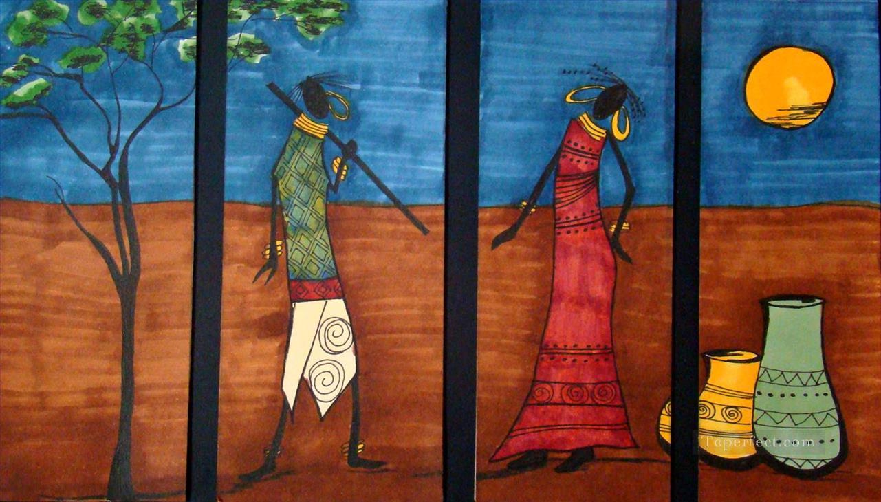 black couple under moon in 4 panels African Oil Paintings